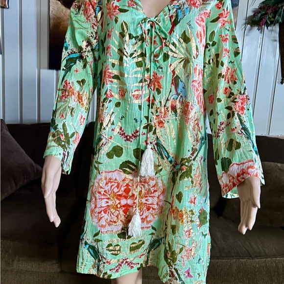 Caribbean Joe ~ Large ~ Green W/ Gold & Red Floral Tunic Swim Coverup Dress - Picture 8 of 15